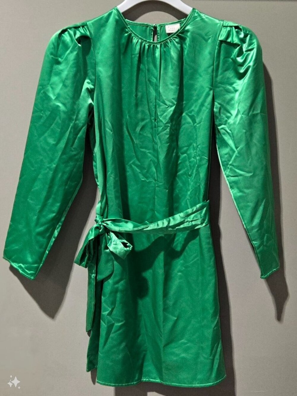 A New Day Balloon Sleeve Green A-Line Satin Mini Dress w/ Belt -- Size XS 0/2 - Picture 2 of 8
